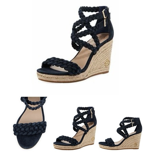 Tory‎ Burch Bailey Navy Suede Braided Wedge Sandal Espadrille Ankle Strap 8.5 - Picture 1 of 7